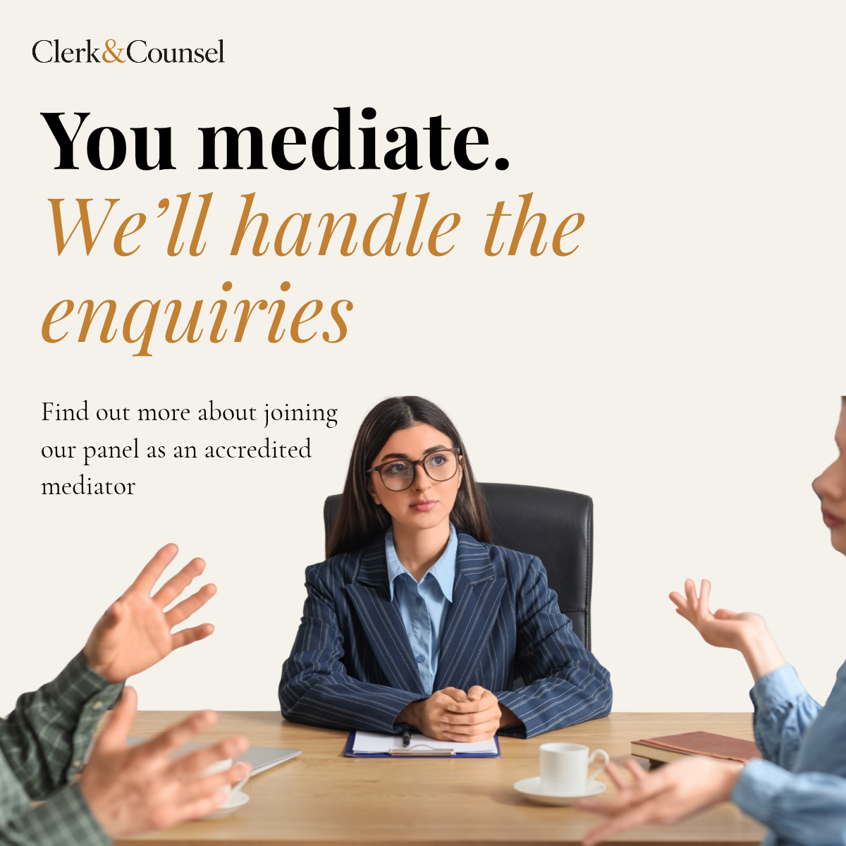 Clerk and Counsel social media design inviting mediators to join its panel