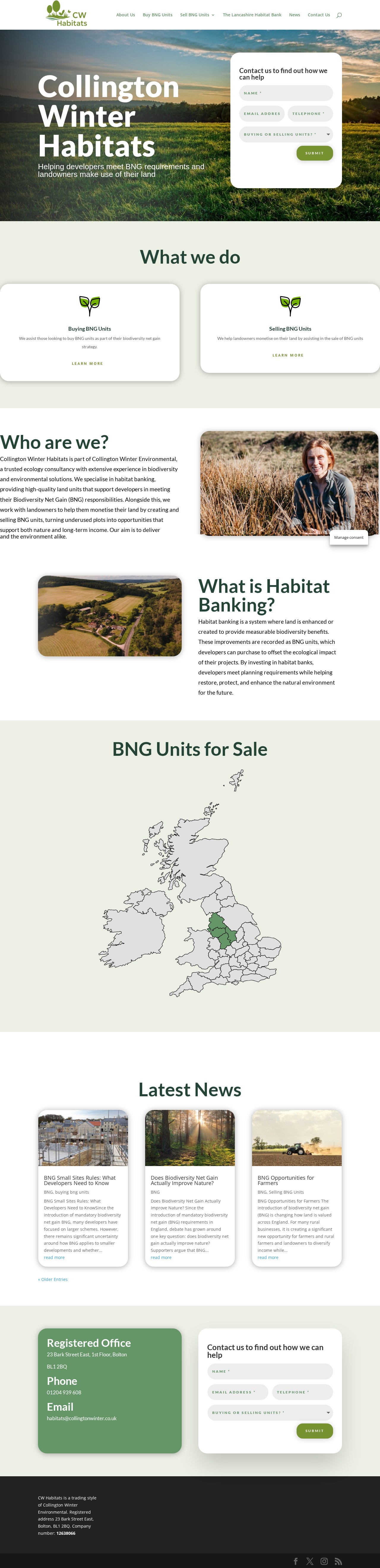 CW Habitats website designed and built by Bark Street Digital, scrolling from its homepage banner through services, news and contact information
