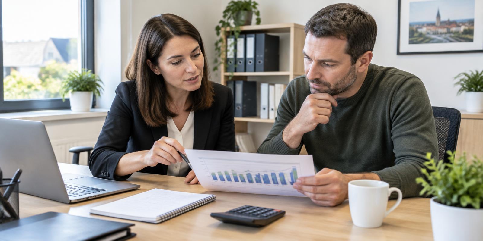 Illustrative image of an accountant reviewing a cash-flow chart with a business owner