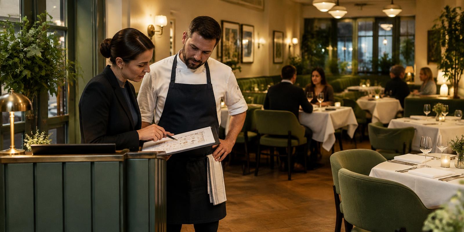 Illustrative image of a restaurant manager and chef reviewing a seating plan during weekday service