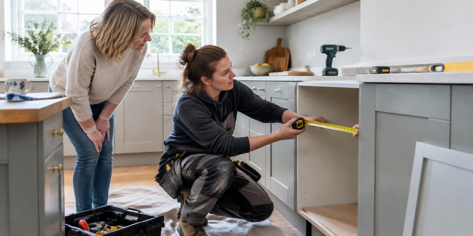 Illustrative image of a joiner measuring kitchen cabinetry while discussing the work with a homeowner
